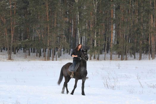 Woman on black horse in snowy forest, telephoto shot