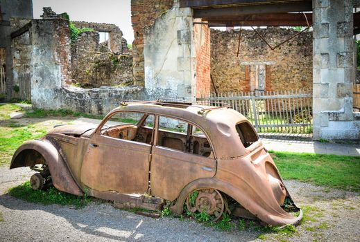 Destroyed cars during World War 2 in Oradour sur Glane France