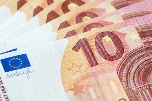 Ten Euro 10 banknote in a macro shot. Selective focus