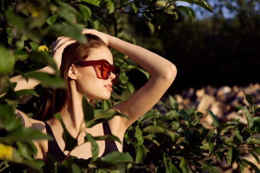 pretty woman wearing sunglasses green leaves glamor posing summer. High quality photo