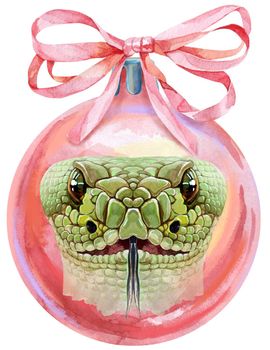 Watercolor Christmas pink ball with snake isolated on a white background.