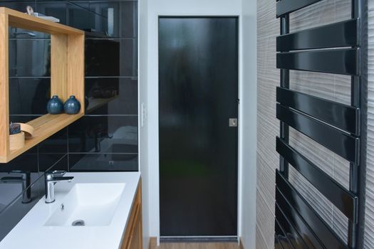Bathroom in a house. Black wood style