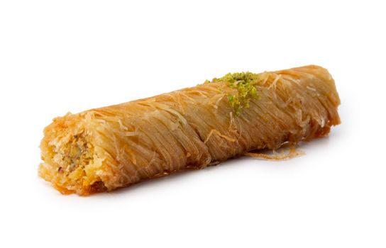 Turkish sweet pastry baklava isolated on white background, close up