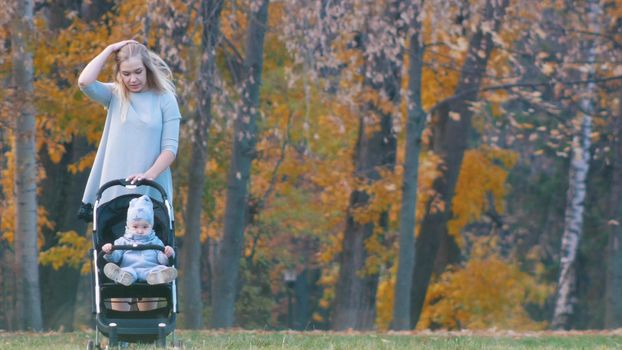 Young mother walking with her little baby in autumn park. Wide shot