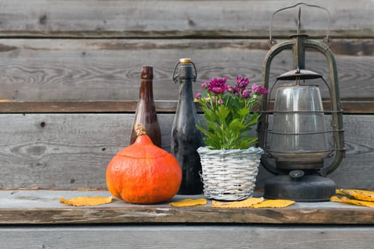 halloween pumpkins decorations with lantern. old bottle near pumpkins and flowers on wooden floor. old black bottle standing near pumpkins and red flowers on wooden floor