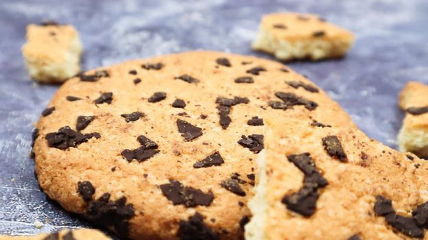 One soft, freshly baked chocolate chip cookie on a gray marble kitchen countertop. American traditional dessert. Delicious sweet food. Homemade baking concept for the holiday. Culinary background.