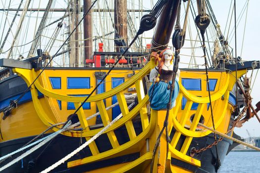 SAINT-MALO, FRANCE - NOVEMBER 27, 2016: Port in Saint Malo, France.Side view of a sail ship