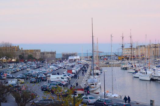 SAINT-MALO, FRANCE - NOVEMBER 27, 2016: Port in Saint Malo, France on the sunset