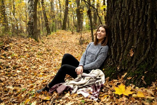 Cute girl in a gray jacket sitting in the autumn forest on a yellow leaf near a large tree.