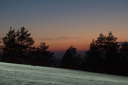 Sunset landscape on ski resort in Russia, wide angle