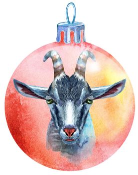 Watercolor Christmas pink ball with goat isolated on a white background.