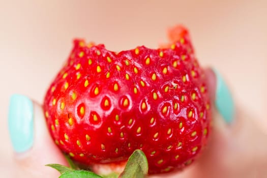 Woman holding fresh ripe strawberry in fingers. Selective focus