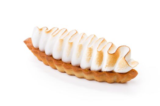 Lemon tart with meringue topping isolated on white background