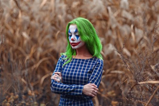 Portrait of a greenhaired woman with joker makeup on a orange leaves reeds background.