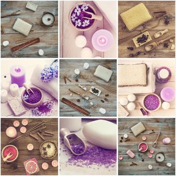 Photo collage of bath accessories on wooden background