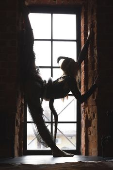 Slim female silhouette performing dance with a snake in front of window, close up