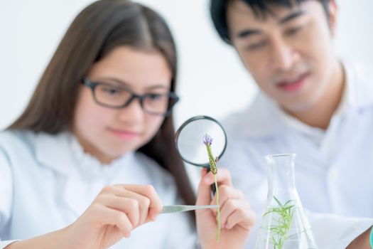 Flower is held by young Caucasian scientist child girl and look through magnifying glass and guide also support with Asian teacher in laboratory of classroom.