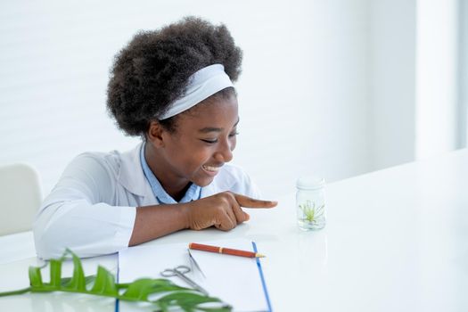 African American young girl sit and point to small glass jar containing piece of plant inside and also smile with happy emotion after finish experiment in laboratory or classroom.