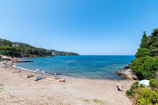 porto santo stefano,italy july 24 2021:beach landscape in Porto Santo Stefano