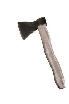 An axe with a wooden handle. A woodworking tool, a tool for chopping firewood, a sharp axe of a forester or carpenter. Top view on a white background.