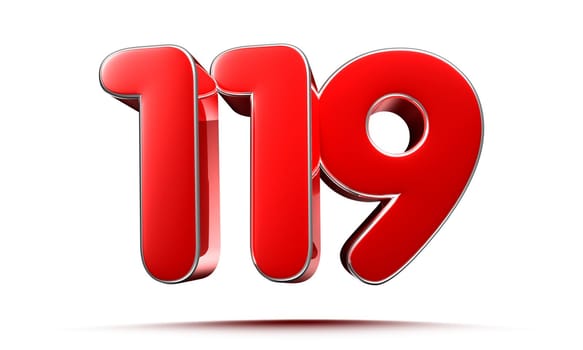 Rounded red numbers 119 on white background 3D illustration with clipping path