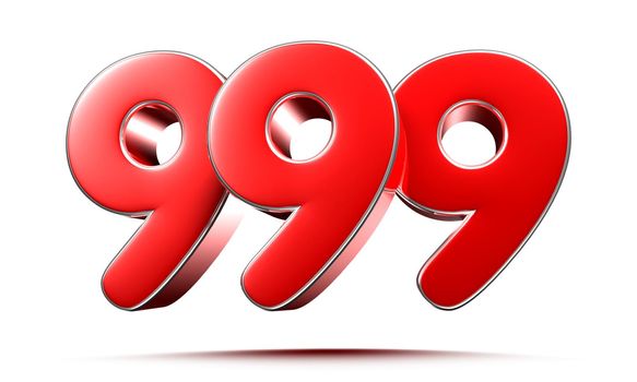Rounded red numbers 999 on white background 3D illustration with clipping path