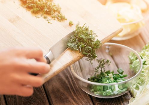 Female hands putting sliced greenery from wooden board into a plate in the kitchen, close-up.