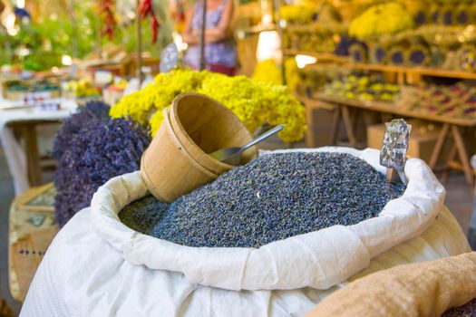 Dry lavenders flowers in a bag on the market at Provence France