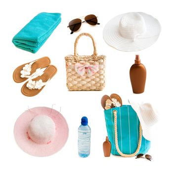 photo collage beach accessories isolated on a white background