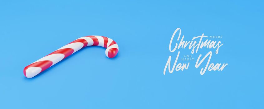 Merry Christmas canes, lollipop mint candy with red stripes on blue background. New Years celebration concept. Traditional sweet dessert. 3d render