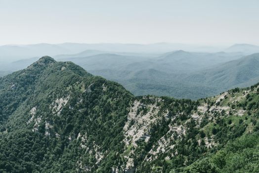 Beautiful summer mountain landscape. Rocky ridge with lush green trees. Nature background, nobody.