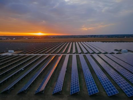 Aerial drone view of large solar panels at a solar farm at bright summer sunset. Solar cell power plants, colorful photo