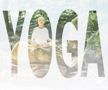 Double exposure of young woman meditating with closed eyes in pose of lotus on stone in forest with word yoga.