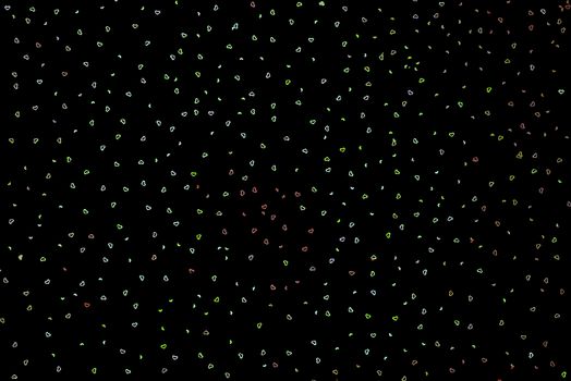 Neon multi-colored sparkles in form of heart on dark black background. Festive background for wallpaper, wrapping, backdrop, print or banner. Flat lay style.