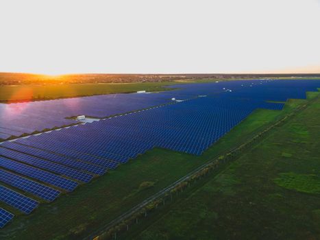 Aerial drone view of large solar panels at a solar farm at bright summer sunset. Solar cell power plants, colorful photo