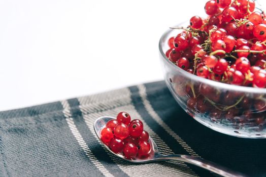 Summer fresh ripe red currant in a bowl and on spoon, copy-space.