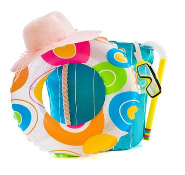 bag with beach accessories isolated on a white background