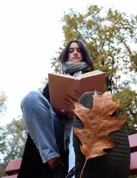 Young woman in jeans, coat and scarf, on a park bench. Woman reads a book outdoors alone. Close-up. Bottom view. The concept of honor, leisure