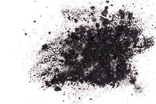 crumbled coal top view on a white background, coal dust, small pieces of coal