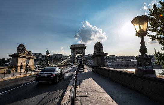 Budapest, Hungary - May 26, 2018: View on The Szechenyi Chain Bridge - a suspension bridge that spans the River Danube between Buda and Pest in Budapest, the capital of Hungary.