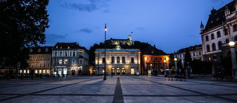 Ljubljana, Slovenia - May 20, 2018: Evening view on Congress square and Ljubljana's castle, Ljubljana, Slovenia Ljubljana is the capital of Slovenia