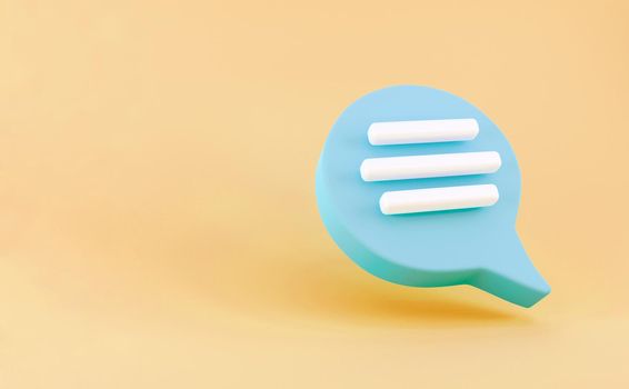 3d blue Speech bubble chat icon isolated on yellow background. Message creative concept with copy space for text. Communication or comment chat symbol. Minimalism concept. 3d illustration render