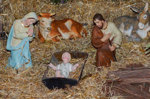 Creche with small Jesus Joseph and Mary