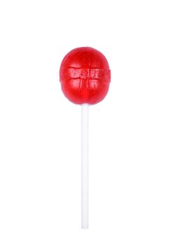 Red round lolipop isolated on white. Sweet sugar candy