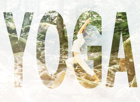 Double exposure of young woman exercising in pose of warrior on stone in summer forest with word yoga.