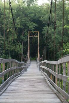Suspension wooden bridge in the green forest. Nature
