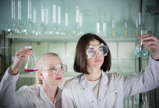 Chemical laboratory. Two young woman holding different flasks with liquids in it. Portrait