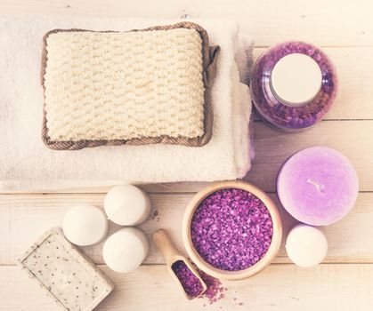 Composition of spa treatment on the white wooden table