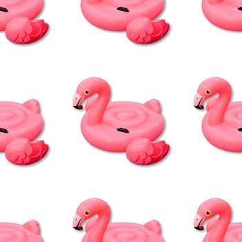 Pink flamingo background. Swimming pool toy in shape of pink flamingo seamless pattern. Flamingo inflatable cut out. Top view, flat lay.