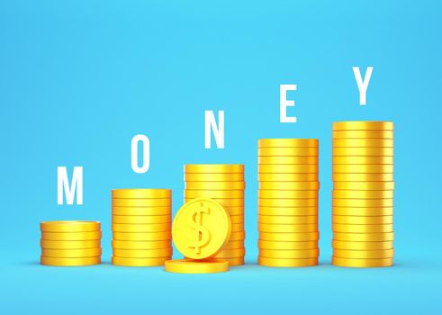 3D Gold Coins Stack on blue background with text money, Dollar coins icon for web banner, and mobile application 3D render illustration.